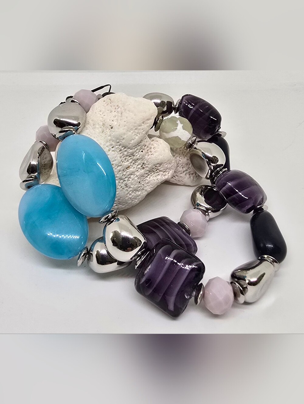 Chico's Turquoise, Purple and Silver Bead Stretch Bracelet